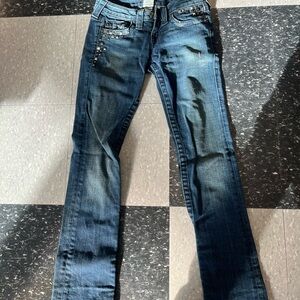 True Religion Women's Distressed Blue Straight Leg Jeans